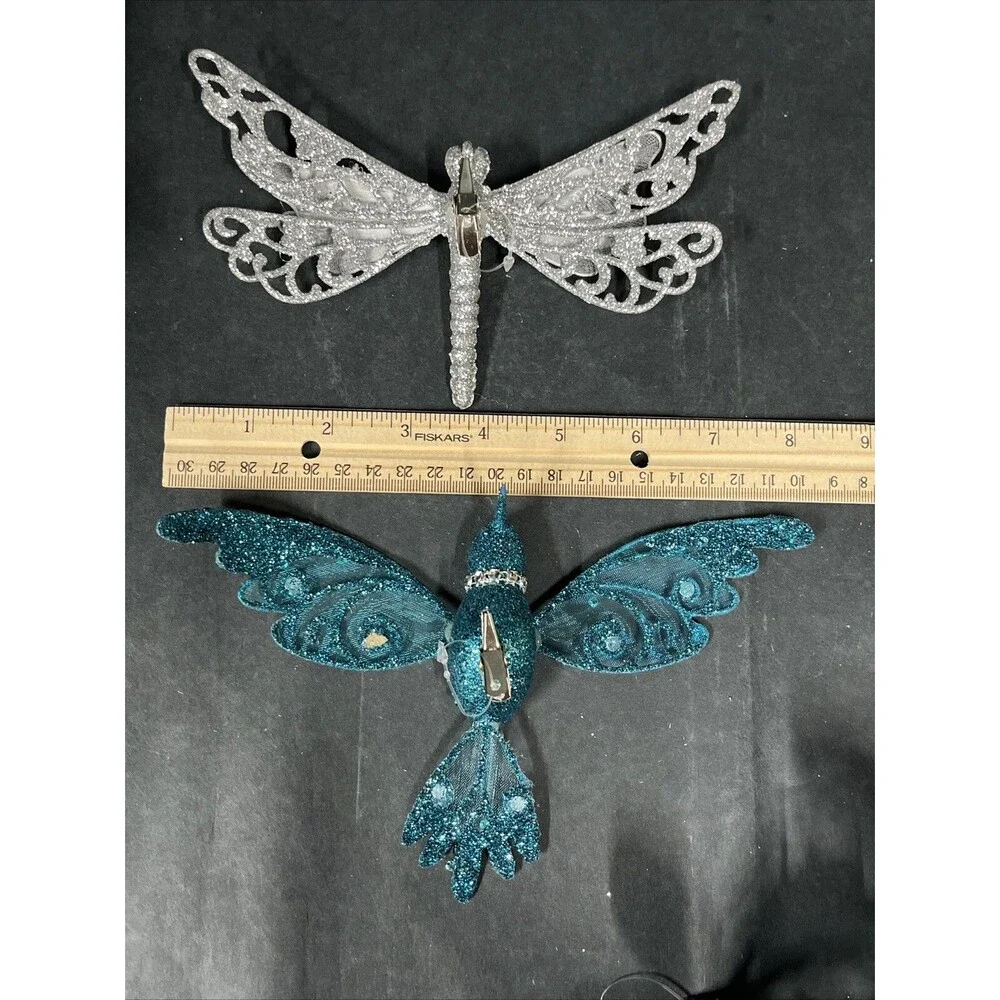 12 Silver/Blue Glittered‎ Christmas Ornaments:Butterflies Dragonfly Bird Flowers